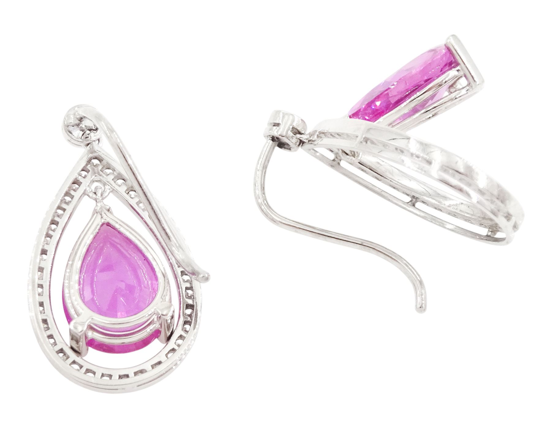 Pair of 18ct white gold pink sapphire and diamond earrings, the pear cut sapphires suspended within a halo of round brilliant cut diamonds, total sapphire weight approx 6.00 carat, total diamond weight approx 0.45 carat