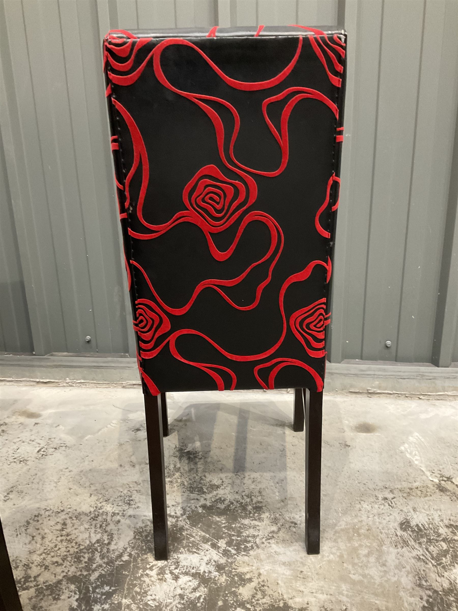 Thirteen high back restaurant dining chairs, upholstered in black faux leather with red embossed velvet - THIS LOT IS TO BE COLLECTED BY APPOINTMENT FROM DUGGLEBY STORAGE, GREAT HILL, EASTFIELD, SCARBOROUGH, YO11 3TX