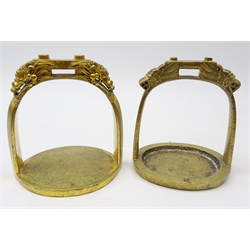  Two Chinese bronze horse stirrups, each cast with Dragons, H15cm  
