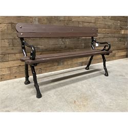 20th century tree cast iron and timber slatted garden bench, black painted frame with stained wood