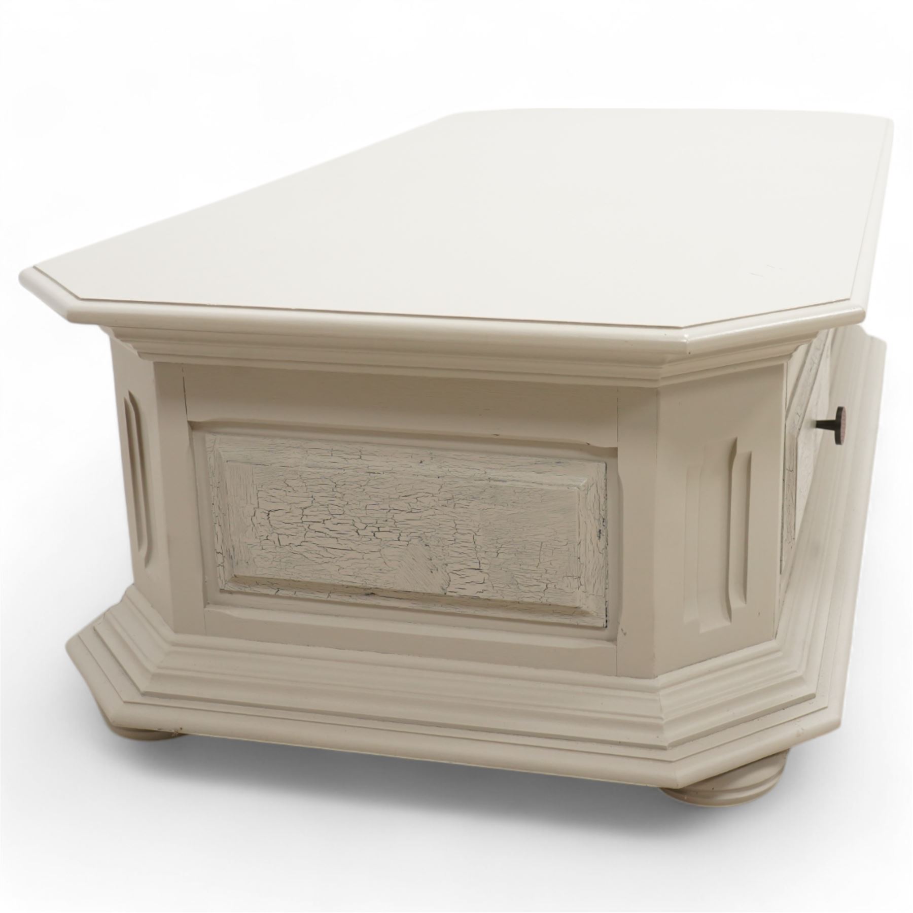 Light grey painted low coffee table, canted rectangular form fitted with two through drawers, on compressed bun feet