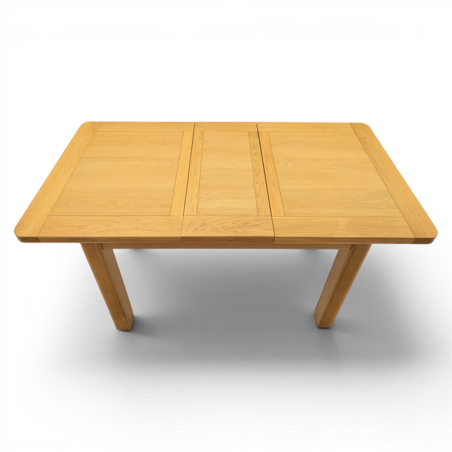 Modern oak extendable table and four chairs, extending top with stowable leaf (Extends to 152cm), chairs with brown upholstery and tapered square legs
