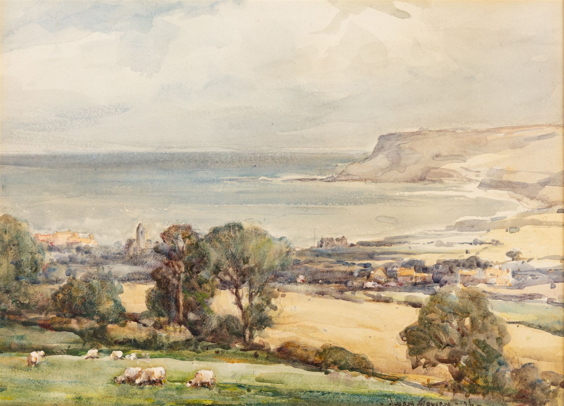 Owen Bowen (Staithes Group 1873-1967): Robin Hood's Bay and Fylingthorpe from Raw, watercolour signed and dated '26, 26cm x 36cm
