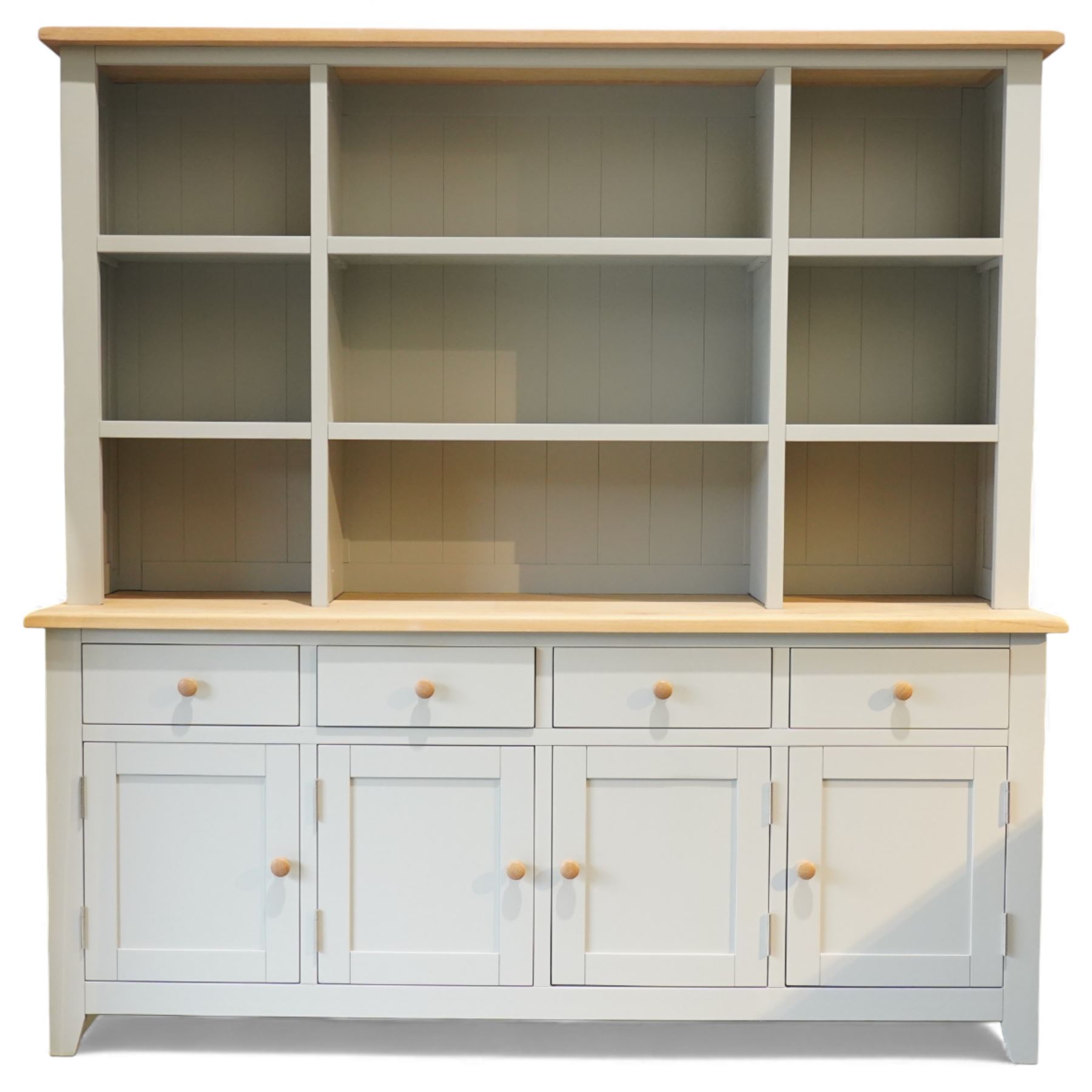 Cotswold Company - 'Chester' dresser painted dove grey with contrasting oak top, the upper rack divided into nine open shelves with panelled back, the lower section fitted with four drawers and cupboard doors enclosing storage compartments