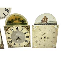 Four 13” painted 19th-century break arch longcase clock dials with one circular 12” American wall clock dial, plus two 11” and one 10” 18th-century brass longcase dials.