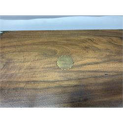 19th century burr yew wood tea caddy, of sarcophagus form, with strung details and brass mounts, the interior split into three compartments, upon four brass bun feet, together with an oak and brass bound writing slope, with red leather interior with gilt detailing, largest H16cm, W40cm