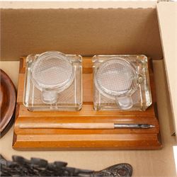 Pair of mahogany spiral column candlesticks, Indian inkstand, wooden inkstand and a pair of Earth Superior opera glasses in leather case