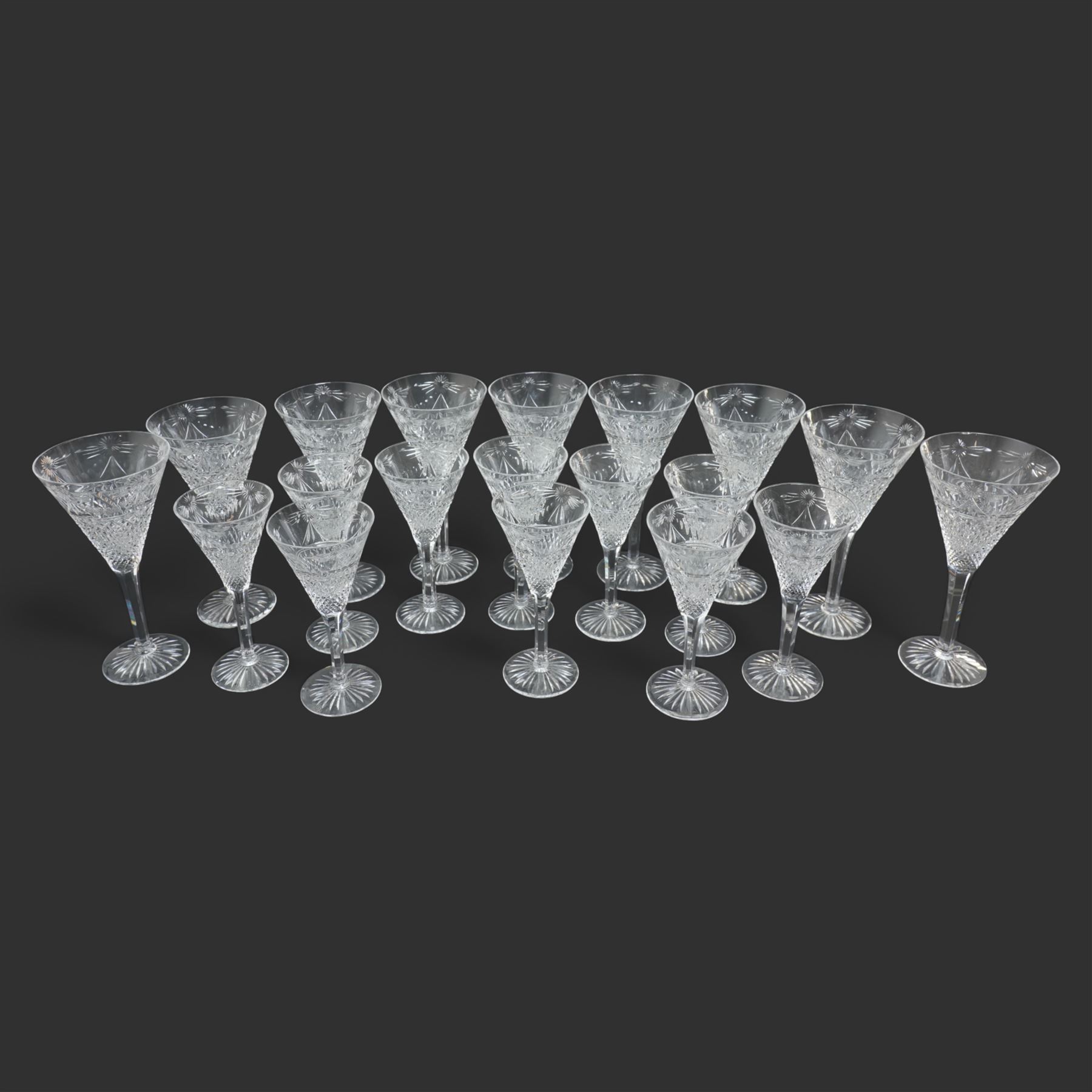 Set of nine Stuart crystal Beaconsfield pattern wine or water glasses H20cm and ten smaller wine glasses H17.5cm