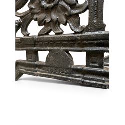 Yates Haywood - pair of Victorian cast iron bench ends, Architectural scrolling design with flower head detail, stamped with period registration number and date