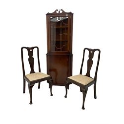 Reproduction mahogany corner cabinet, and two early 20th century chairs