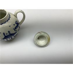 Two 18th century miniature or toy pearlware teapots, the first example lacking cover decorated with an exotic bird, the second with cover painted in underglaze blue with hut and fence, second example approximately H8cm