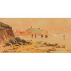 Austin Smith (British fl.1913-1928): Sailboats off Scarborough, pair of watercolours signed; together with Alfred Durham (British 19th century): Coastal Views of Scarborough, set of three watercolours heightened with white signed and one dated 1907 max 18cm x 32cm (5)
