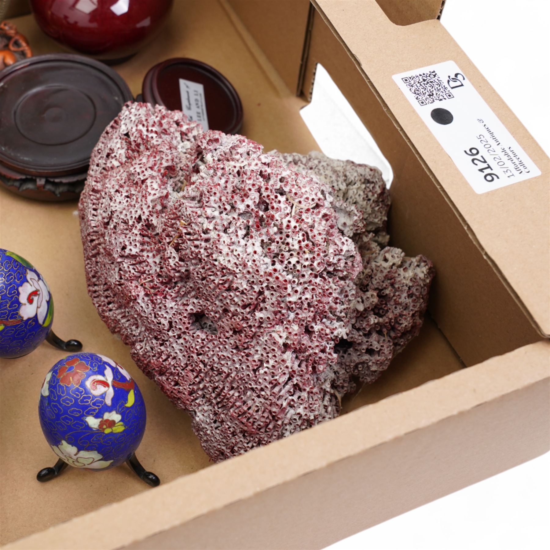 Pair of Chinese cloisonne vases with a paper label inscribed Middle Kingdom, other cloisonne items, hardstone eggs, three netsukes etc