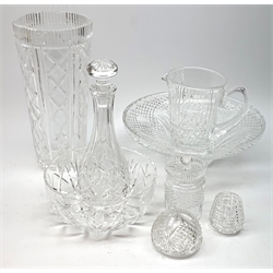 Group of Waterford Crystal to include a vase of tapering form H34cm, two fruit bowls, jug, decanter preserve jar and other Waterford 