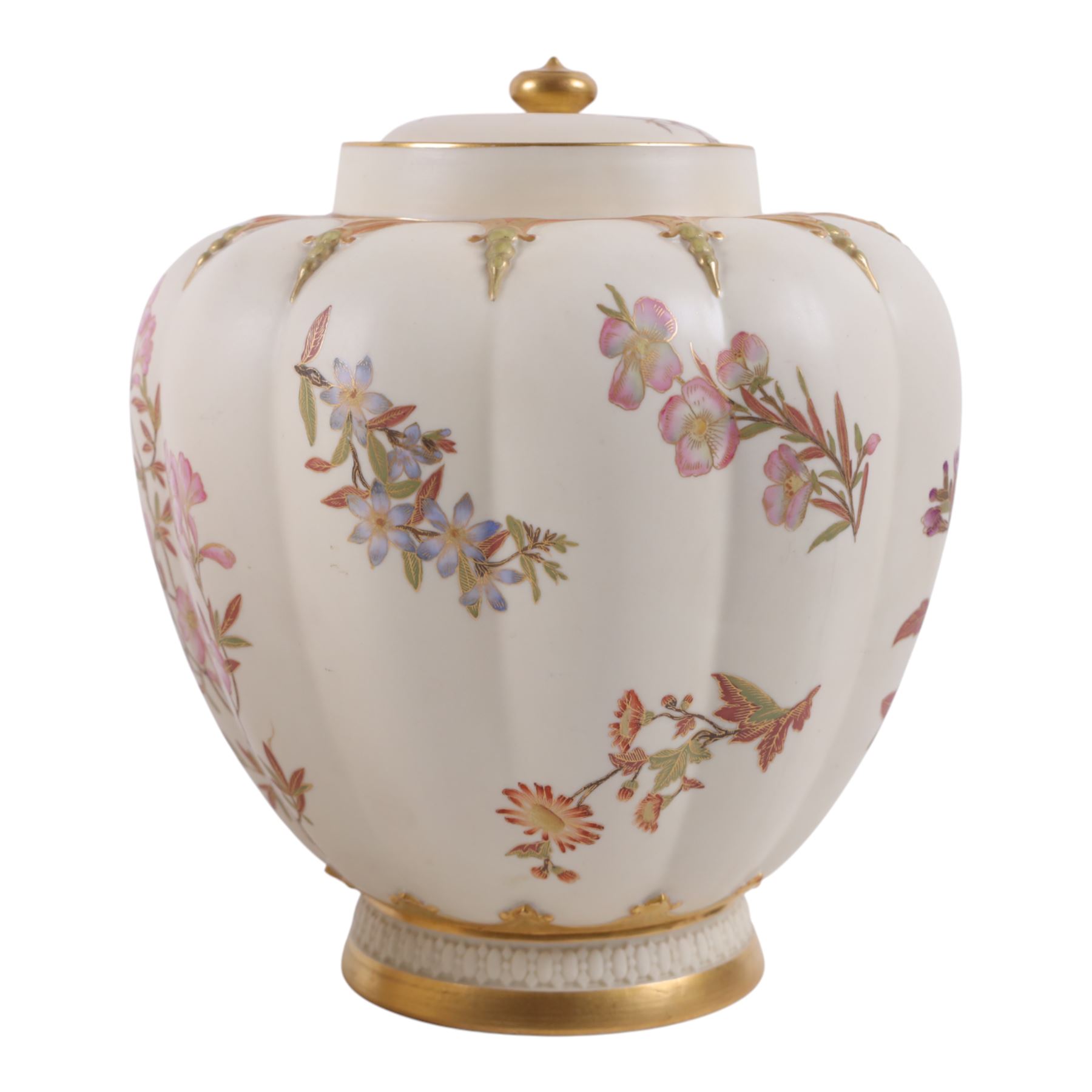 Royal Worcester pair of blush ivory jar and covers, painted with floral sprigs and gilding detail, with price mark beneath and numbered 1312,  H28cm