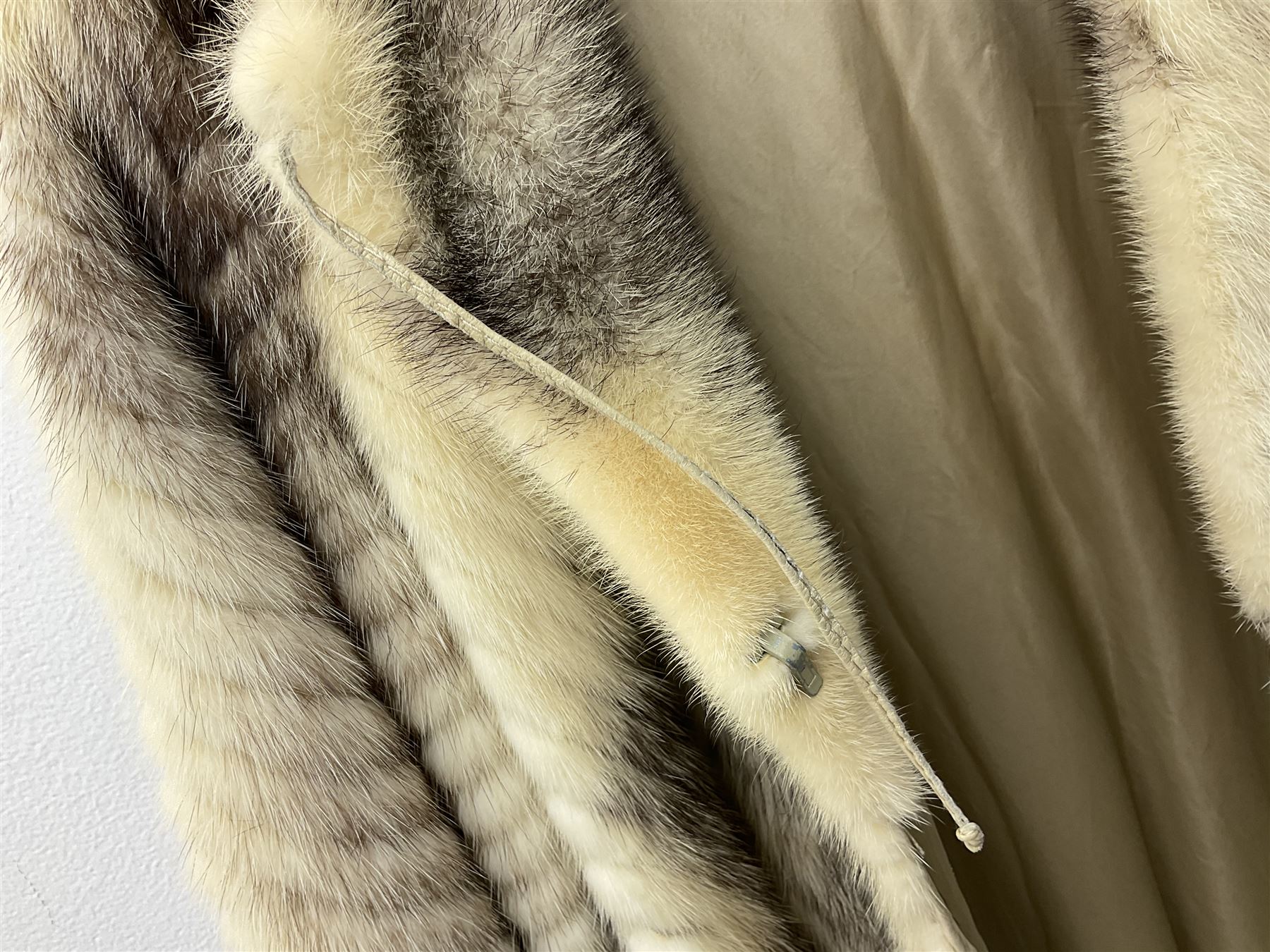 Saga mink full length fur coat, with chevron patterning to sleeves and body, with label to lined interior, approx size 12
