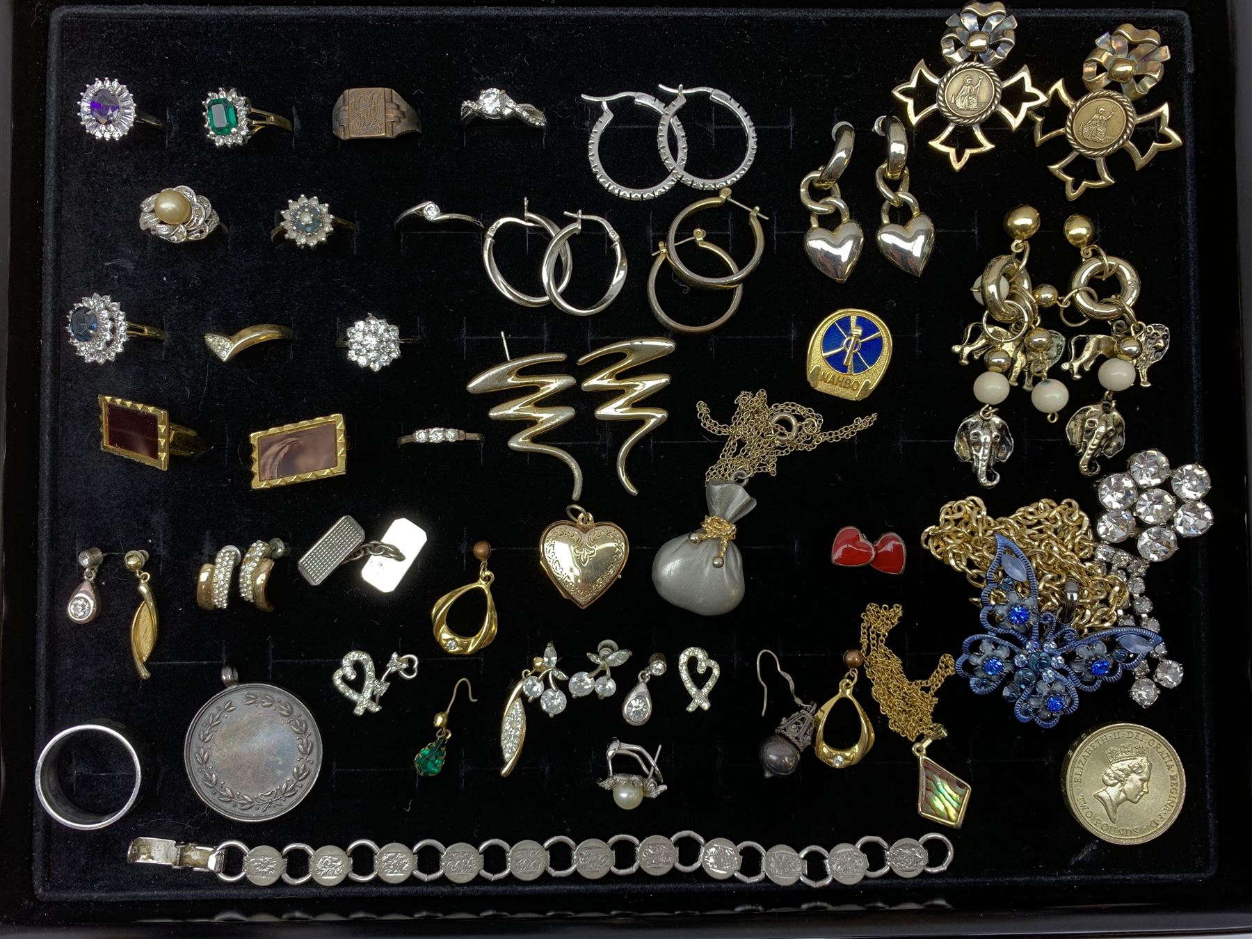 Cased 9ct gold mounted cheroot holder hallmarked, two silver 'For God and the Empire' award brooches, hallmarked, other silver jewellery stamped, Seiko ladies wristwatch and collection of watches, coins and costume jewellery