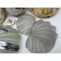 Two Art Deco mottled glass fly catcher ceiling light shades, together with two other 1930s moulded glass ceiling light shades and two Victorian style wash jugs, largest shade D33cm