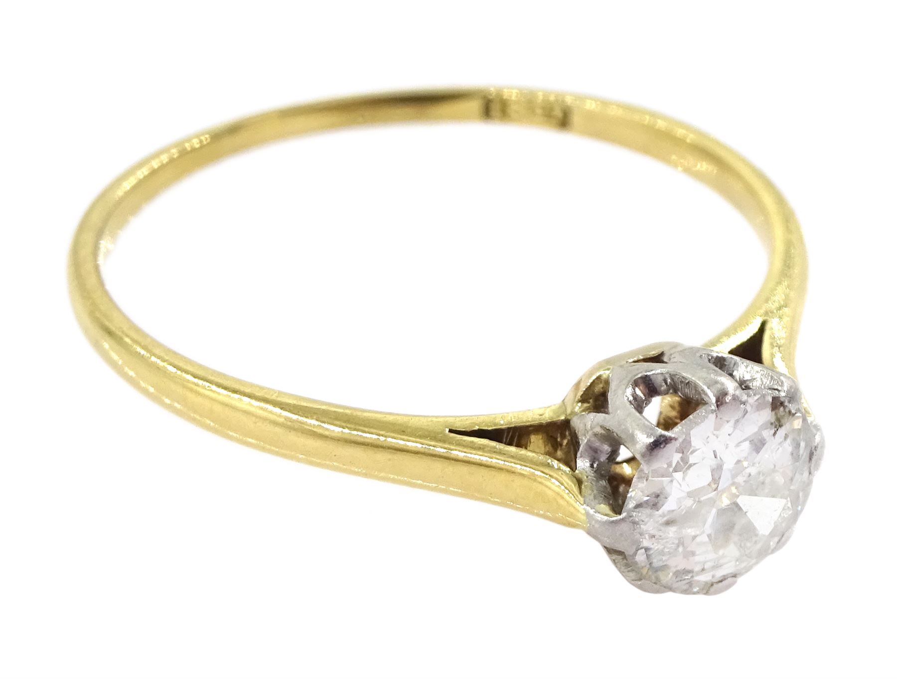 18ct gold single stone old cut diamond ring, diamond approx 0.65 carat