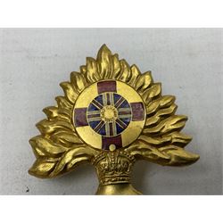 WW1 25th Battalion (Frontiersmen) City of London Royal Fusiliers Cap Badge; gilt brass fused grenade with 25 to the centre; circular section to the flames with red enamel cross and enamel union flag with GOD GUARD THEE to the centre; lower scroll with FRONTIERSMEN; two lug fittings verso.