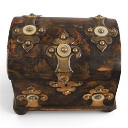 19th century tea caddy, with enhanced woodgrain design,  with brass and mother of pearl mounts, H13cm, L16cm