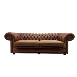 Springvale - large Chesterfield sofa, upholstered in buttoned tan leather, two cushion deep seat, turned bun feet
