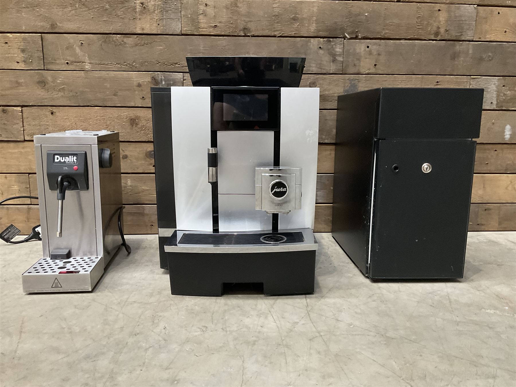 Jura GIGA X3 commercial coffee machine, Dualit Milk Frother and a Milk cooling cabinet, with other accessories