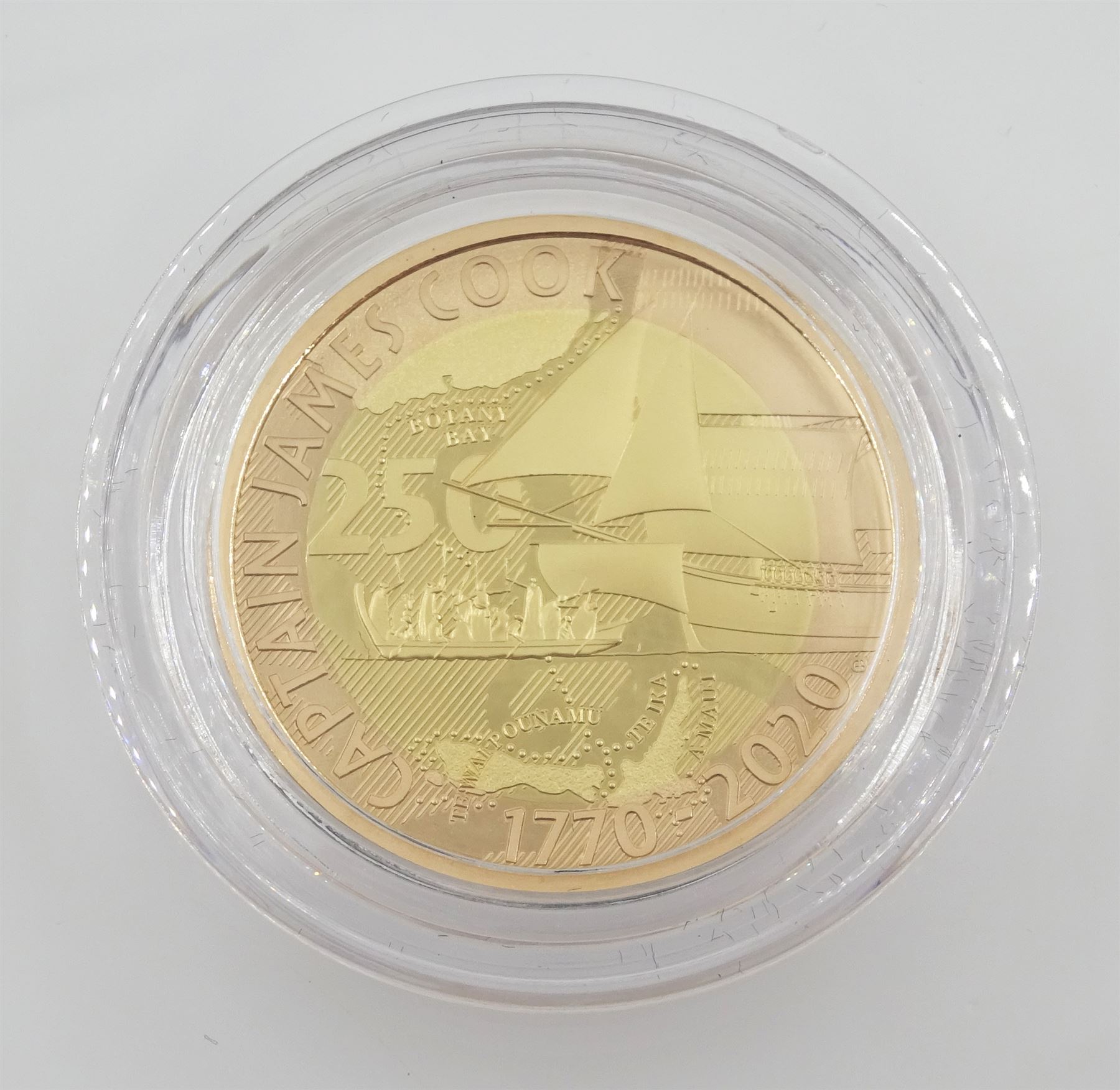 Captain Cook gold proof three coin series, comprising 2018, 2019 and 2020 dated gold proof two pound coins, all three housed together in a Royal Mint presentation box, the individual boxes and certificates are also present