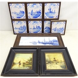  Pair hand-painted Dutch tiles, initialled & framed, 24.5cm x 24.5cm, set of seven blue Delft tiles, six mounted as one and another Delft ceramic tile, framed L47cm (5) Provenance: From a Private Yorkshire Collector  
