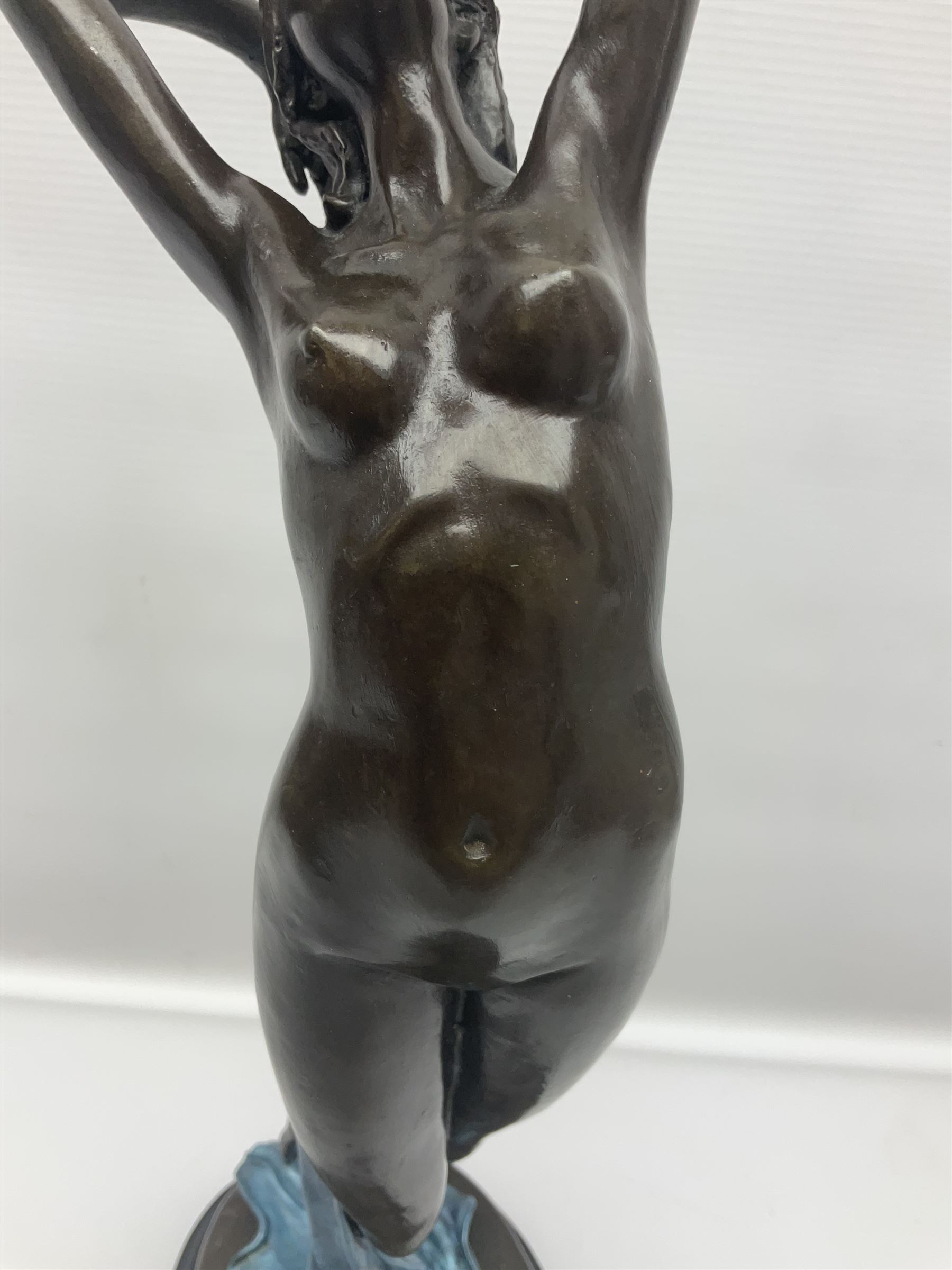 After Joseph Michel Ange Pollet, bronze nude figure of a woman, upon an oval marble base, H46cm
