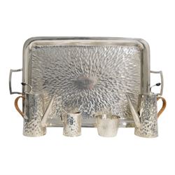 Hukin & Heath planished silver plate coffee tray attributed to Christopher Dresser, with s...