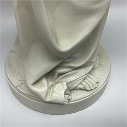 19th century Copeland Parian Ware figure, after R Monti, modelled as Lady Godiva, upon a circular titled plinth, signed and dated verso R Monti 1870, impressed to base Copyright Reserved Copeland, overall H22cm