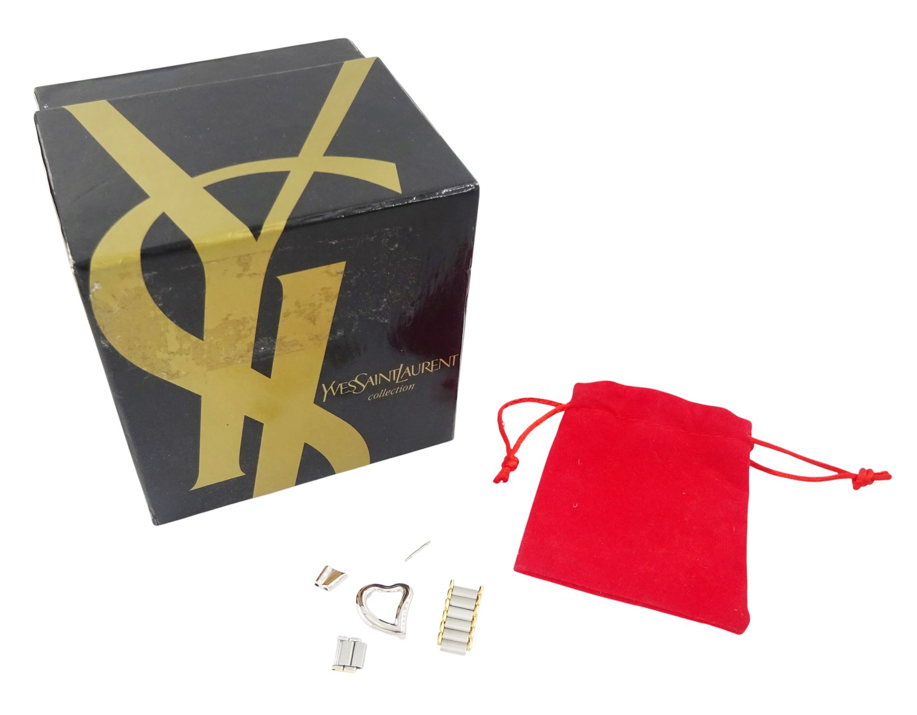 Two Yves Saint Laurent ladies stainless steel quartz wristwatches including 'Moon Phase' with gold plated bracelet, no. 284717, the other with heart shaped face and bracelet links, no. 7N0336