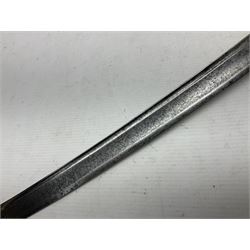 Late 18th century sword, the Spanish 79.5cm curving fullered blade engraved with the Royal Cypher, battle trophies and 'Viva Espania' banner, French Sabre de Mineur brass three-bar hilt with ebonised reeded grip L93.5cm overall (no scabbard)