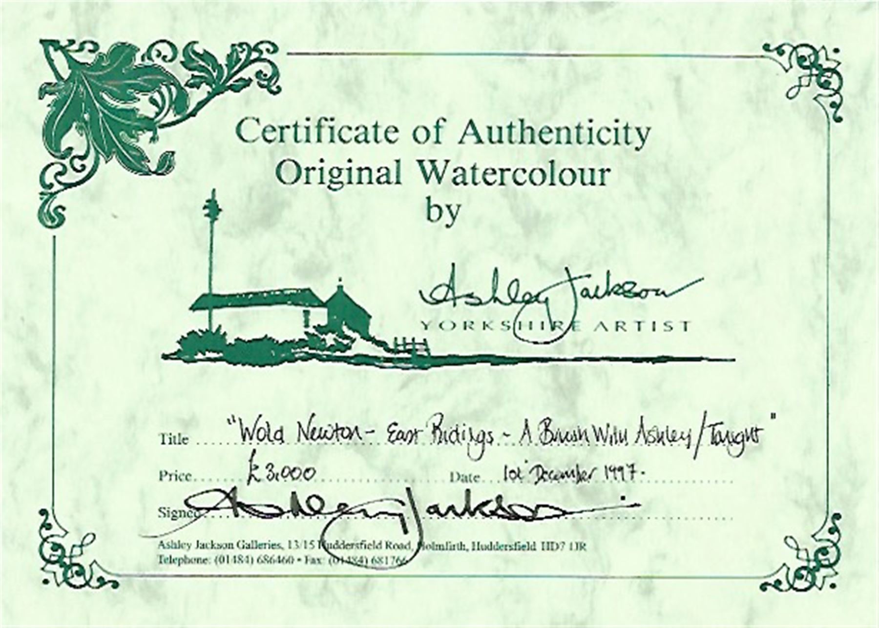 Ashley Jackson (Yorkshire 1940-): 'Wold Newton - East Ridings', watercolour signed, titled on accompanying certificate of authenticity 41cm x 55cm
Provenance: Purchased directly from the artist as part of his TV series 'A Brush with Ashley'