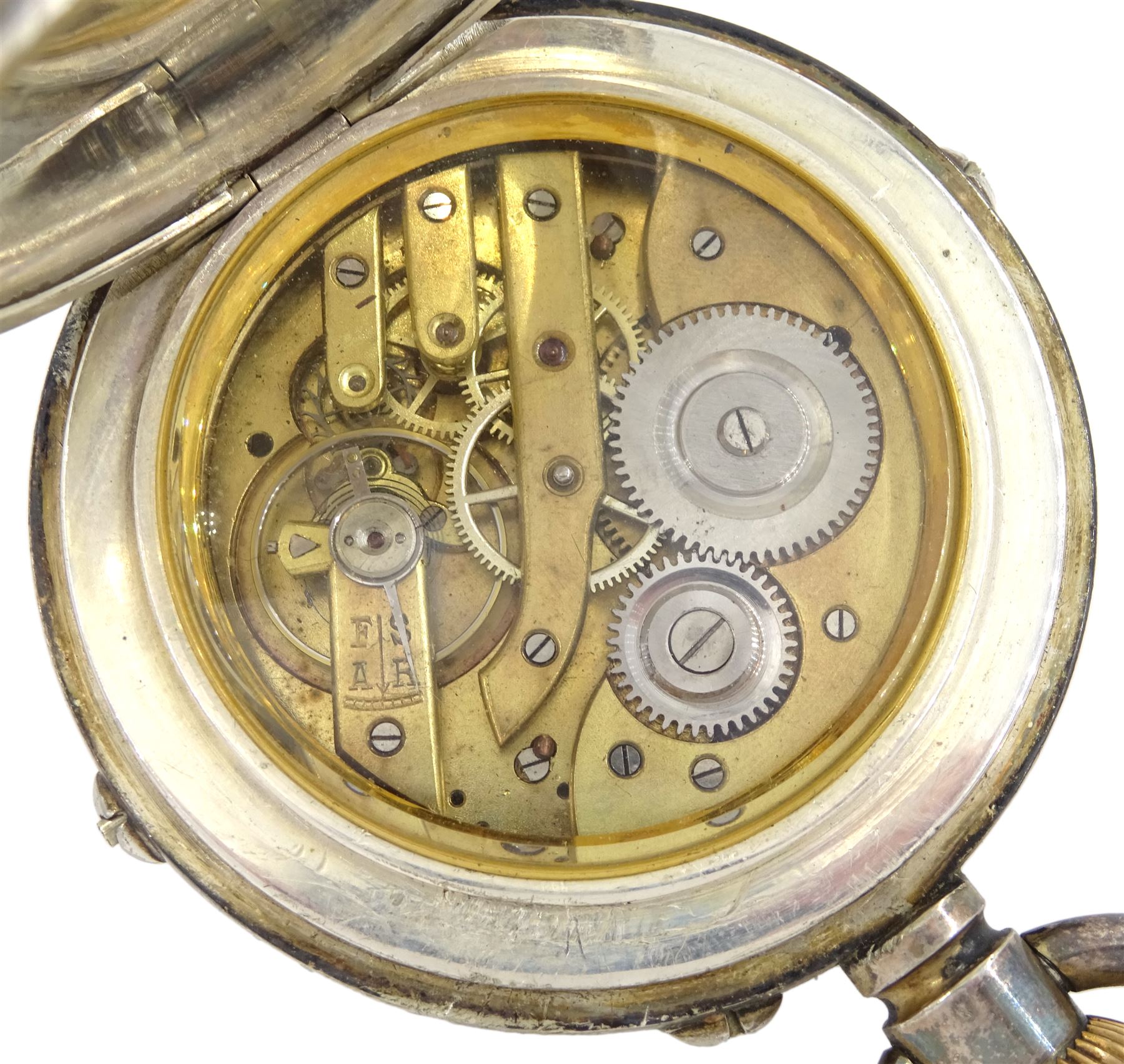 Early 20th century nickle cased goliath moonphase lever pocket watch, white enamel dial with Roman numerals three subsidiary calendar dials and a seconds moonphase dial