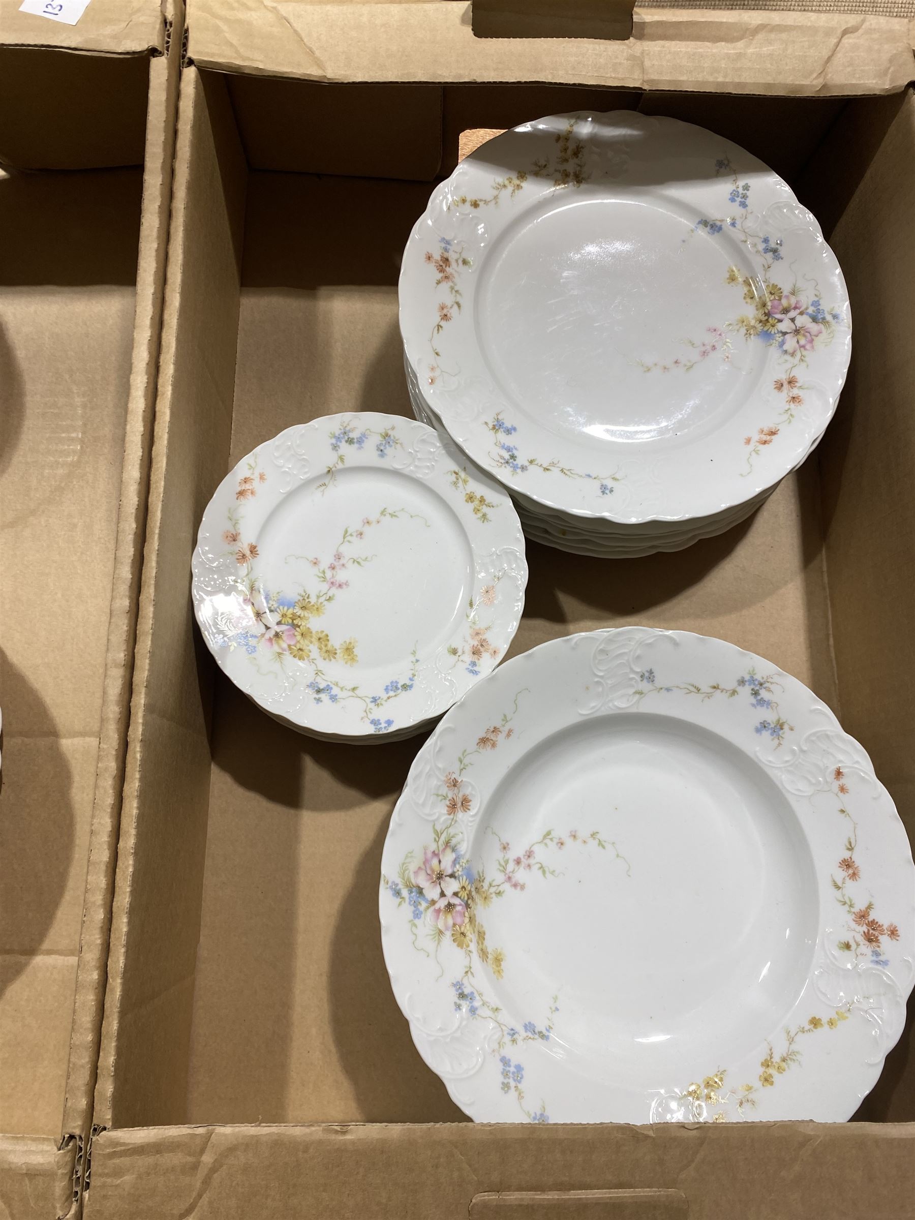 Victorian Rosenthal Tilly dinner wares, including dinner plates, side plates, dessert plates etc, all decorated with printed and painted florals, each with printed RC Sevres mark beneath