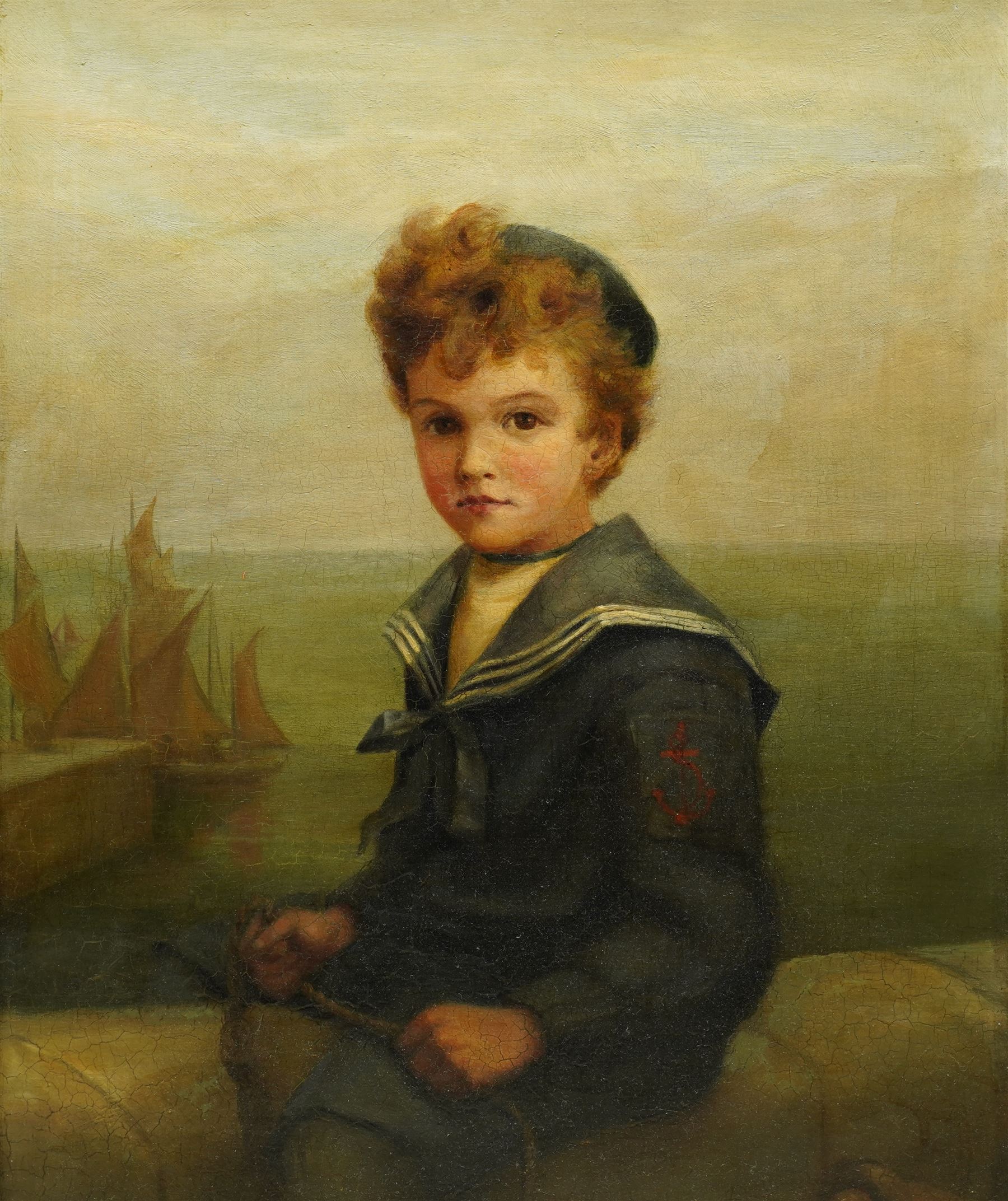 Circle of Frederick Morgan (British 1847-1890): Portrait of The Little Sailor Boy, oil on canvas unsigned, labelled verso 52cm x 43cm
Provenance: The Selected Contents of Eden Lacy, Lazonby, from the estate of Victor Gubbins, purchased from James Thompson, Kirkby Lonsdale according to label verso