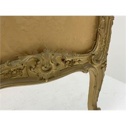 Late 19th/early 20th century French Rococo style gilt wood and gesso dressing screen, four double hinged panels, each with shaped cresting rail over shell and floral frieze, moulded frame with flower head and scroll decoration, acanthus leaf cabriole supports with castors, upholstered in gold Damask fabric