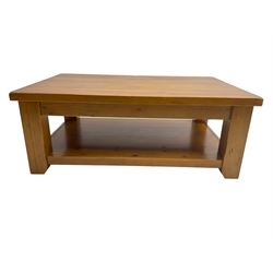 Rustic pine coffee table, rectangular plank top over undertier (120cm x 80cm x 46cm); and matching nest of two tables (60cm x 50cm x 64cm)