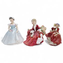 Eleven Royal Doulton figures, including Miss Demure HN1402, Ninette HN4717, Janet HN1537, Embrace HN4258 etc 