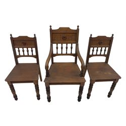 Victorian Gothic revival pitch pine armchair and pair of matching chairs