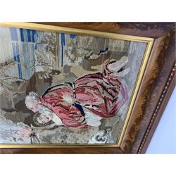 FRAMES - Victorian figured mahogany frame, with egg and dart edging and a gilt slip, containing a Berlin woolwork picture depicting Abraham and Isaac, H78cm W69.5cm