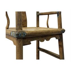 Late 19th century Chinese Qing dynasty high chair, rectangular back with central splat carved with stylised bat motif, applied brasswork to the arms and seat, on rounded supports with double stretcher