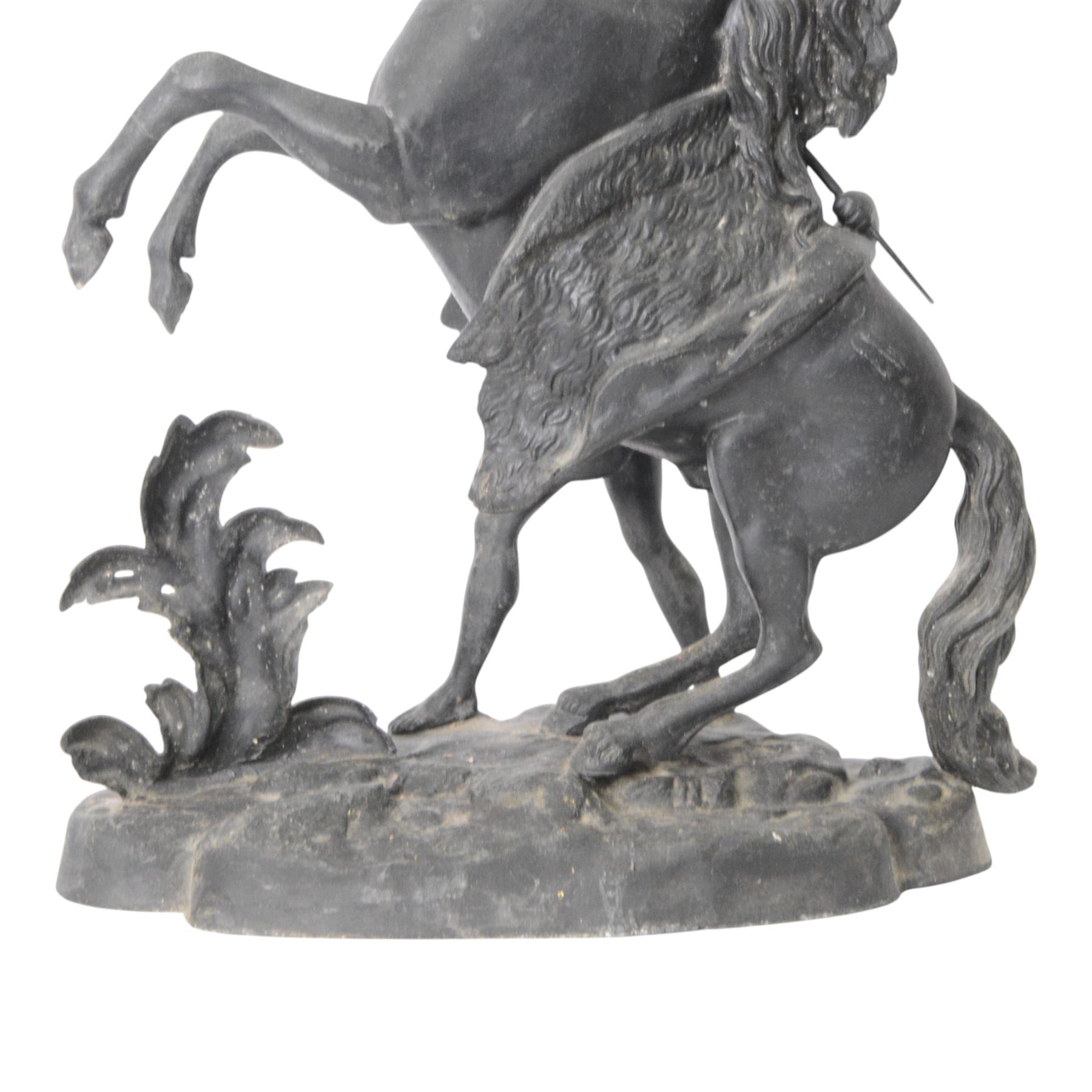 Three spelter Marley Horse figures, after Guillaume Coustou, each modelled as a rearing horse restrained by  groom, tallest H41cm