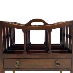 Georgian design mahogany Canterbury, four divisions with dished upper rails, the central rail pierced with handle, fitted with single drawer, on square supports with brass cups and castors 