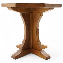 Mouseman - oak coffee table, octagonal adzed top on cruciform base and sledge feet, carved with mouse signature, by the workshop of Robert Thompson, Kilburn