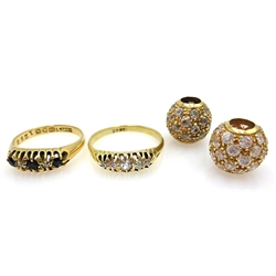  Gold diamond ring stamped 18ct, sapphire and diamond ring hallmarked 18ct and two 18ct cubic zirconia charms stamped 750  