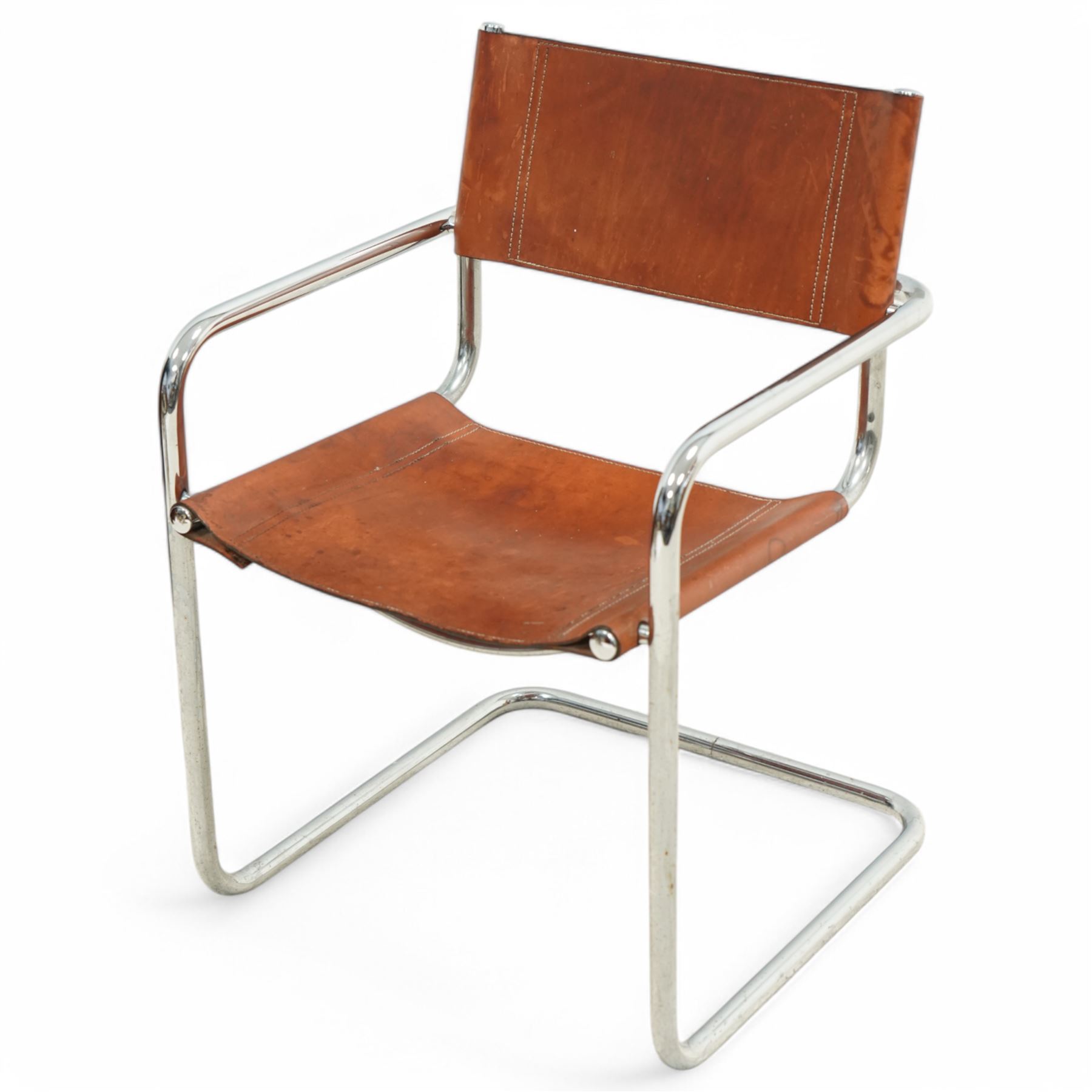 Pieff - circa. 1970s chrome framed armchair with black leather upholstered cushions (W60cm); together with a mid-20th century chrome framed chair in the manner of Mart Stam (W55cm)