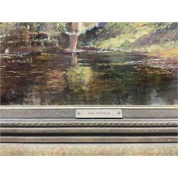 Paul J Attfield (British 1950-): Girls Fishing in a Woodland Stream, oil on canvas signed 44.5cm x 60cm 